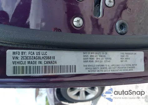 2020 Dodge Challenger Sxt из США, поврежденный, VIN 2C3CDZAG8LH206818